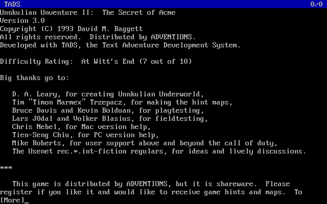 screenshot of Unnkulian Unventure II:  The Secret of Acme