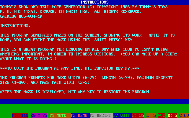 screenshot of Tommy's Show And Tell Maze Generator